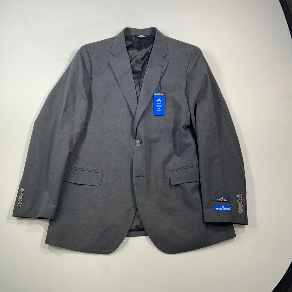 Nautica Blazer Mens 42L 42 Charcoal Grey Modern-Fit Stretch Suit Jacket $295 NEW